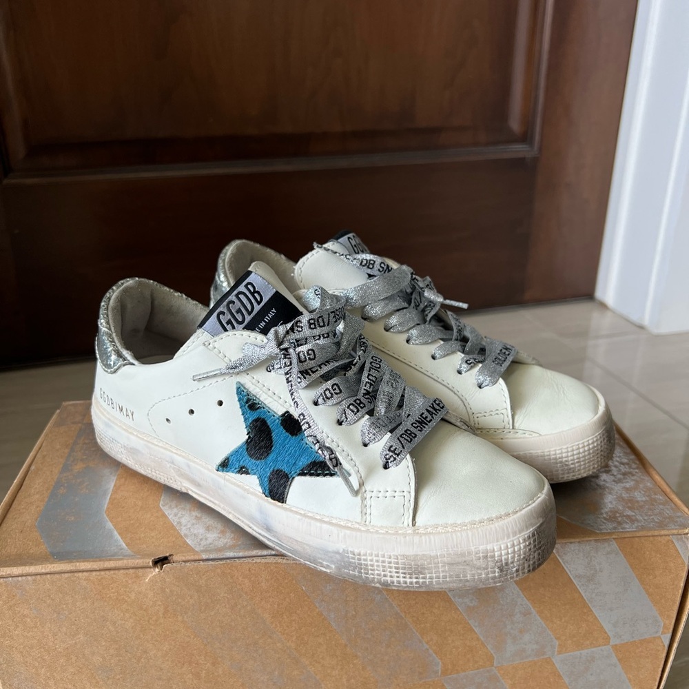 Golden Goose White and Blue Distressed Sneakers
